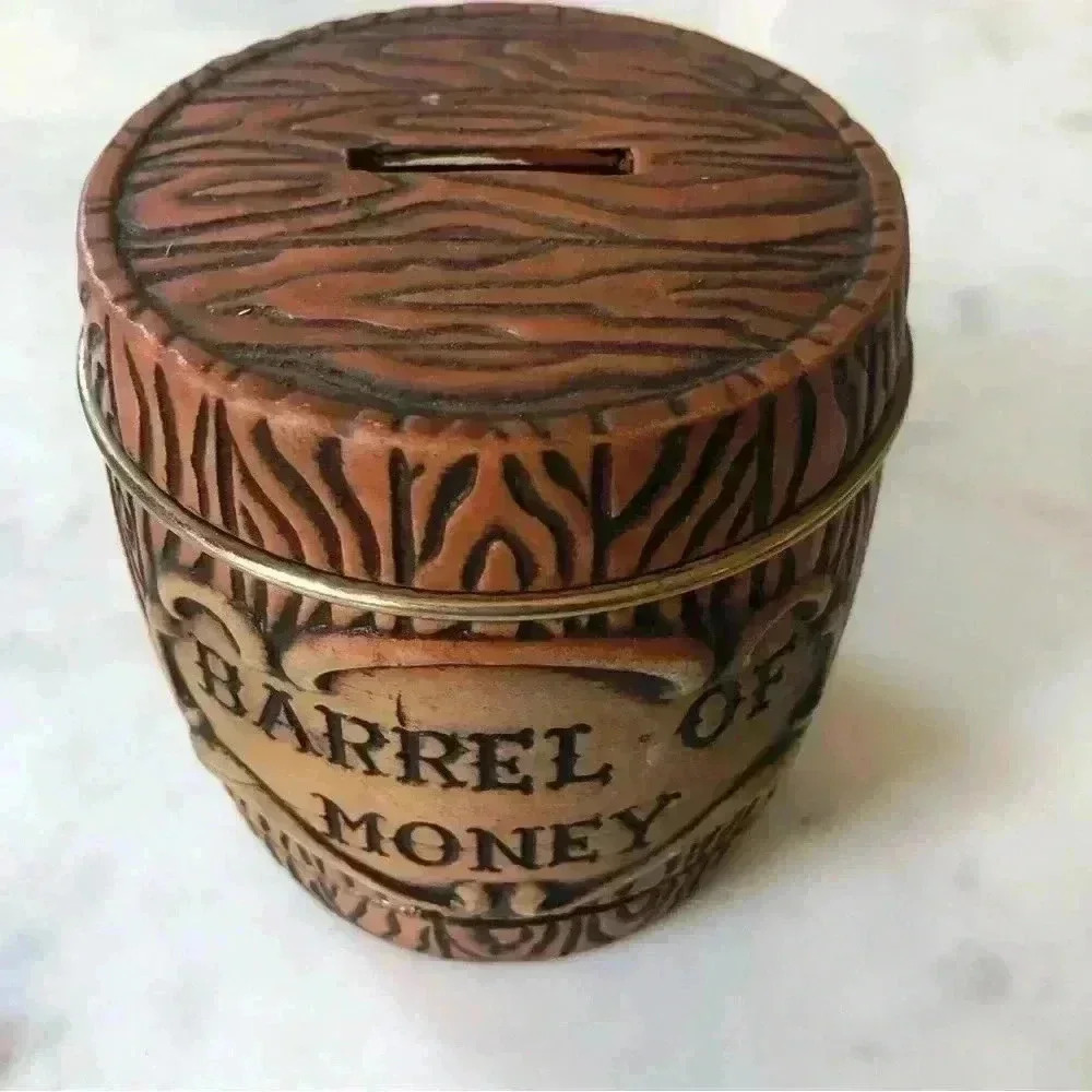 Vintage 70s rustic  barrel of money coin bank. Ceramic with metal band - Picture 2 of 7